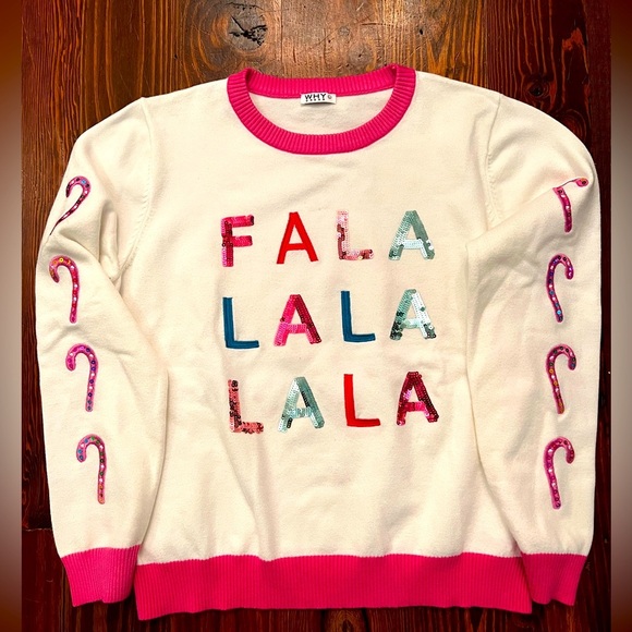 WHY DRESS Fa La La La Candy Cane Sequin Christmas Holiday Sweater White & Pink - Picture 2 of 11